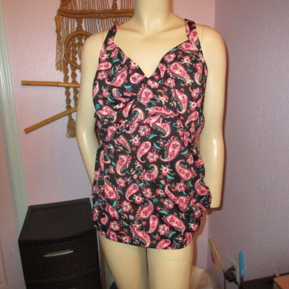 Lands End Tankini Swim Top Womens 26W Paisley Twist Front UPF Underwire Bra NWT
